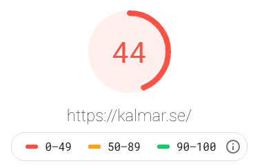 Kalmar kommuns hemsida får 44% prestanda i mobilvyn.