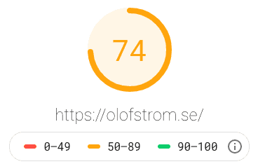 Olofströms kommuns hemsida får 74% prestanda i datorvyn.